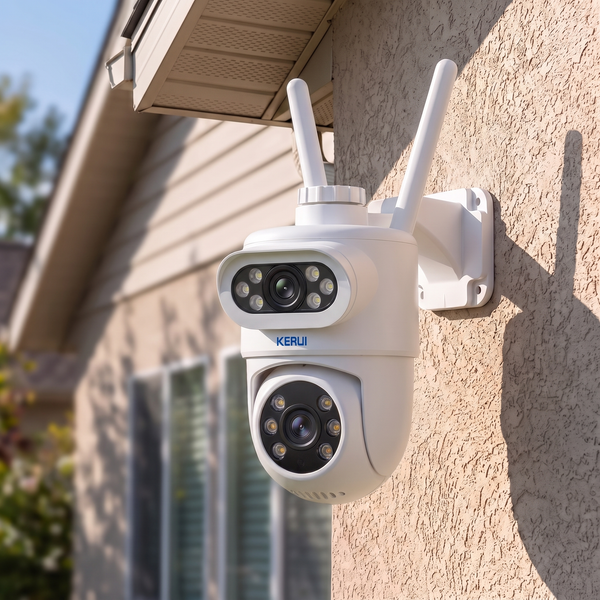 Dual-lens PTZ camera mounted under the eave of a house