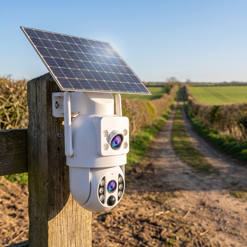 Solar dual-lens camera bolted to a timber fence post on a farm track, with no cable behind it