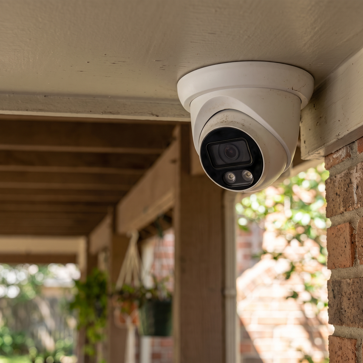 The PoE dome camera fixed under a porch soffit