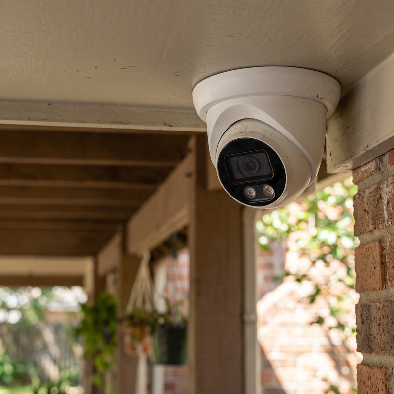 The PoE dome camera fixed under a porch soffit