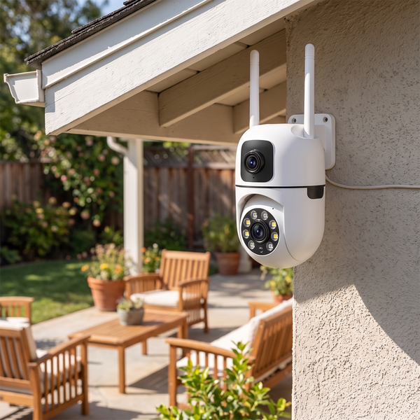 The dual-lens PTZ camera fixed under an eave above a garden terrace