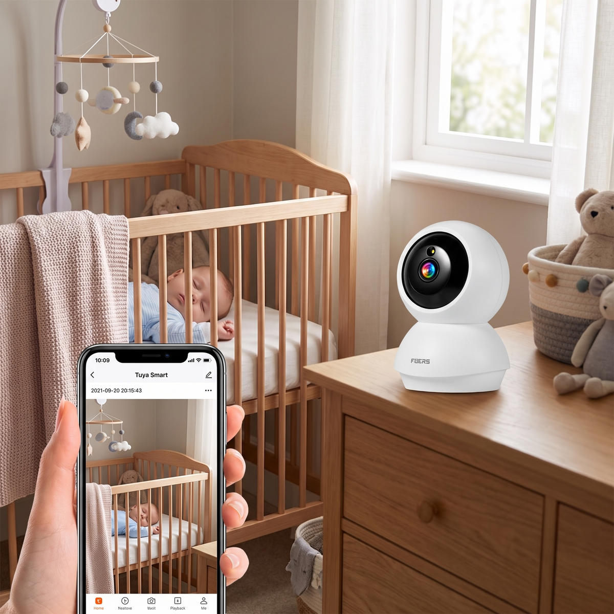 The camera on a nursery chest of drawers with the live view open on a phone