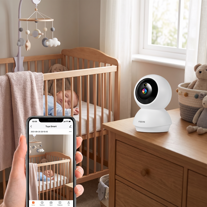 The camera on a nursery chest of drawers with the live view open on a phone