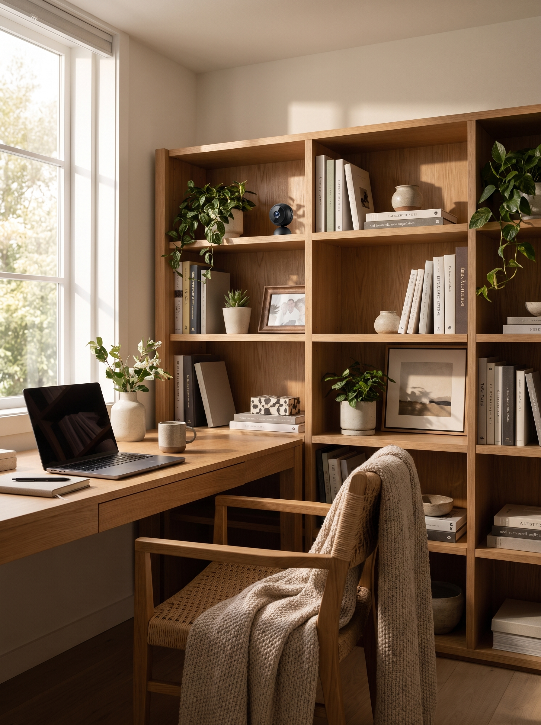 Modern home office with the compact indoor camera on a shelf