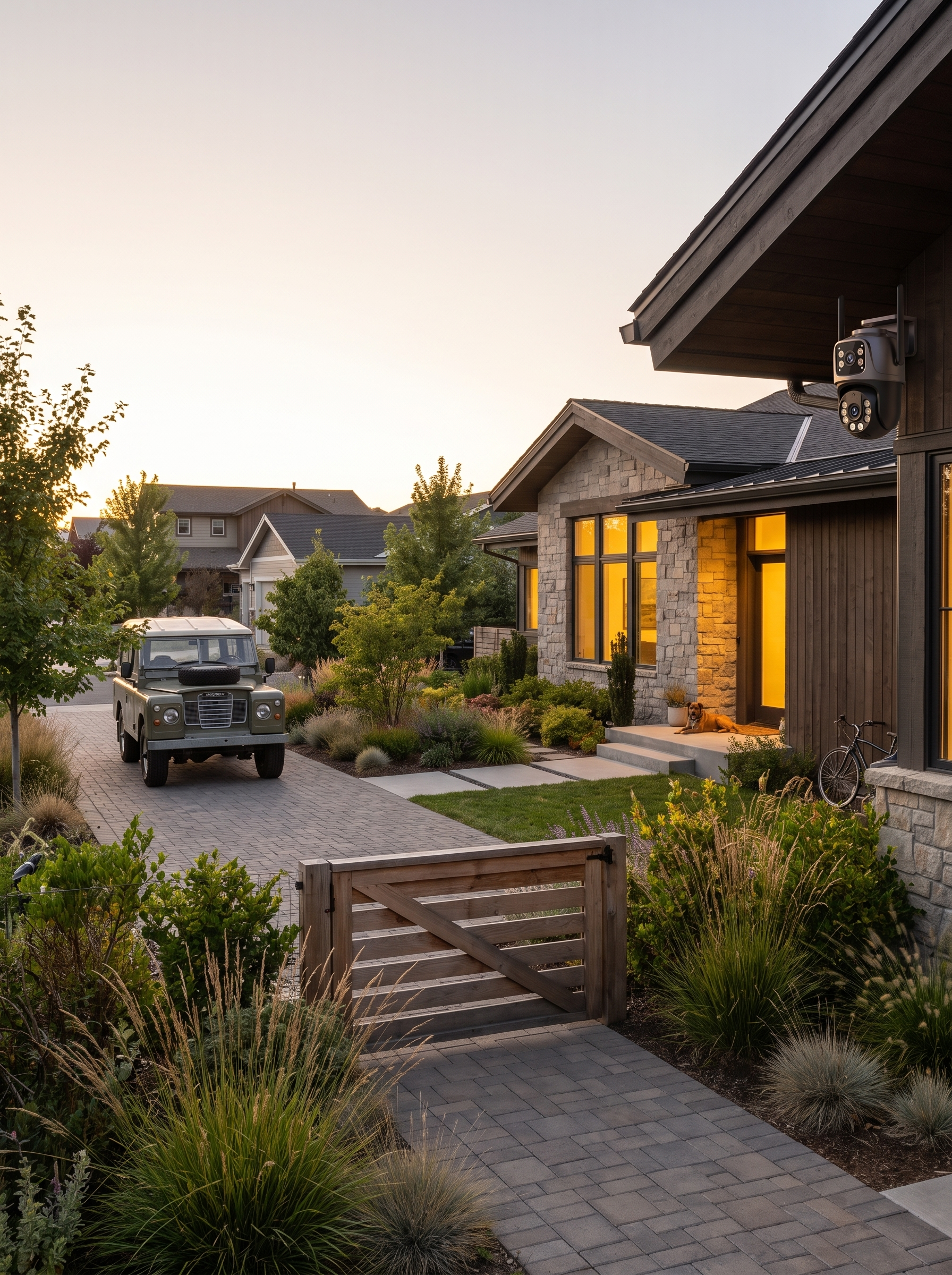 Modern home and yard at evening with the dual lens PTZ camera on the wall