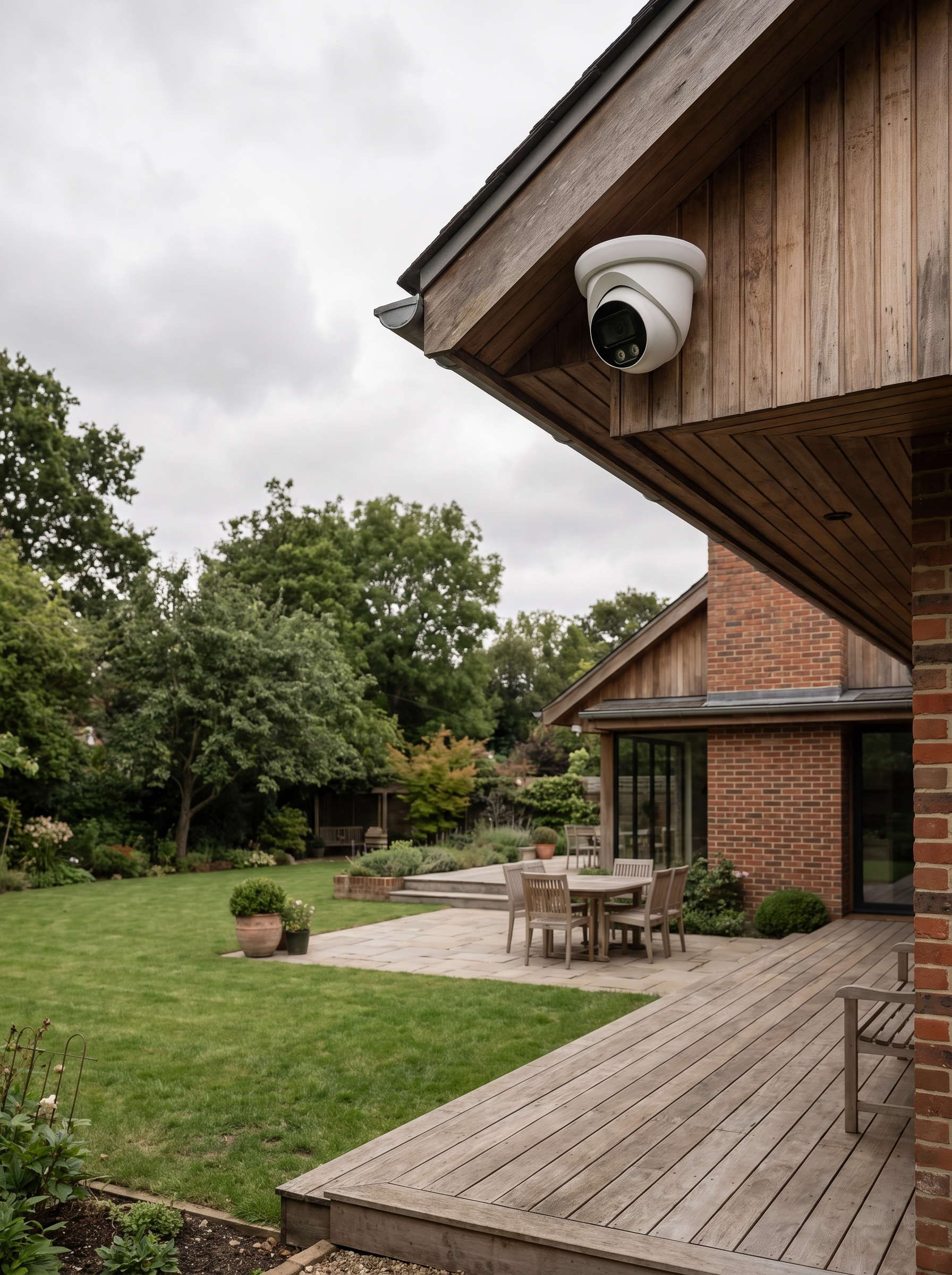 Rear elevation of a modern home with the PoE camera covering the yard