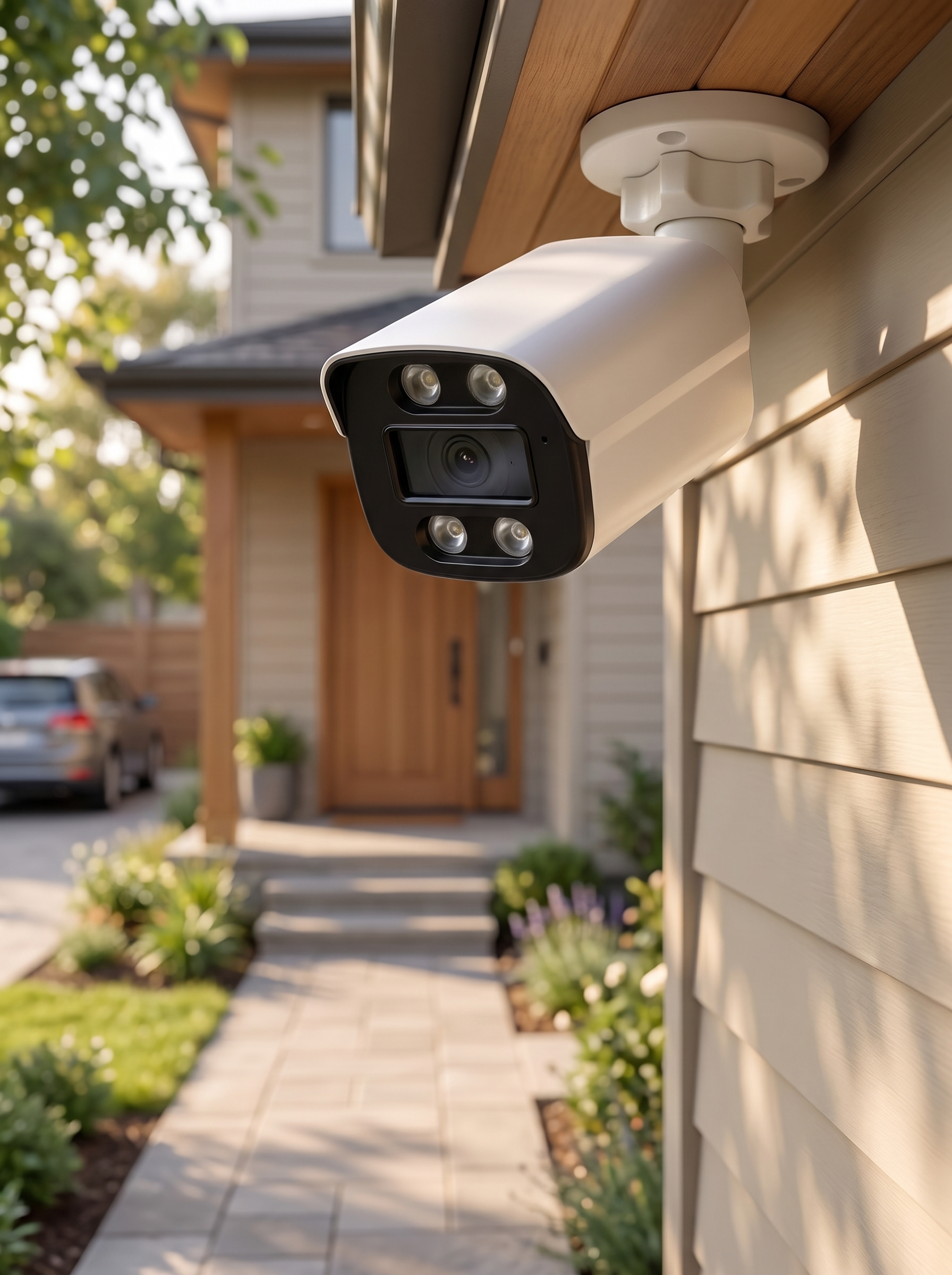 Bullet camera under a soffit above a front entrance, close view