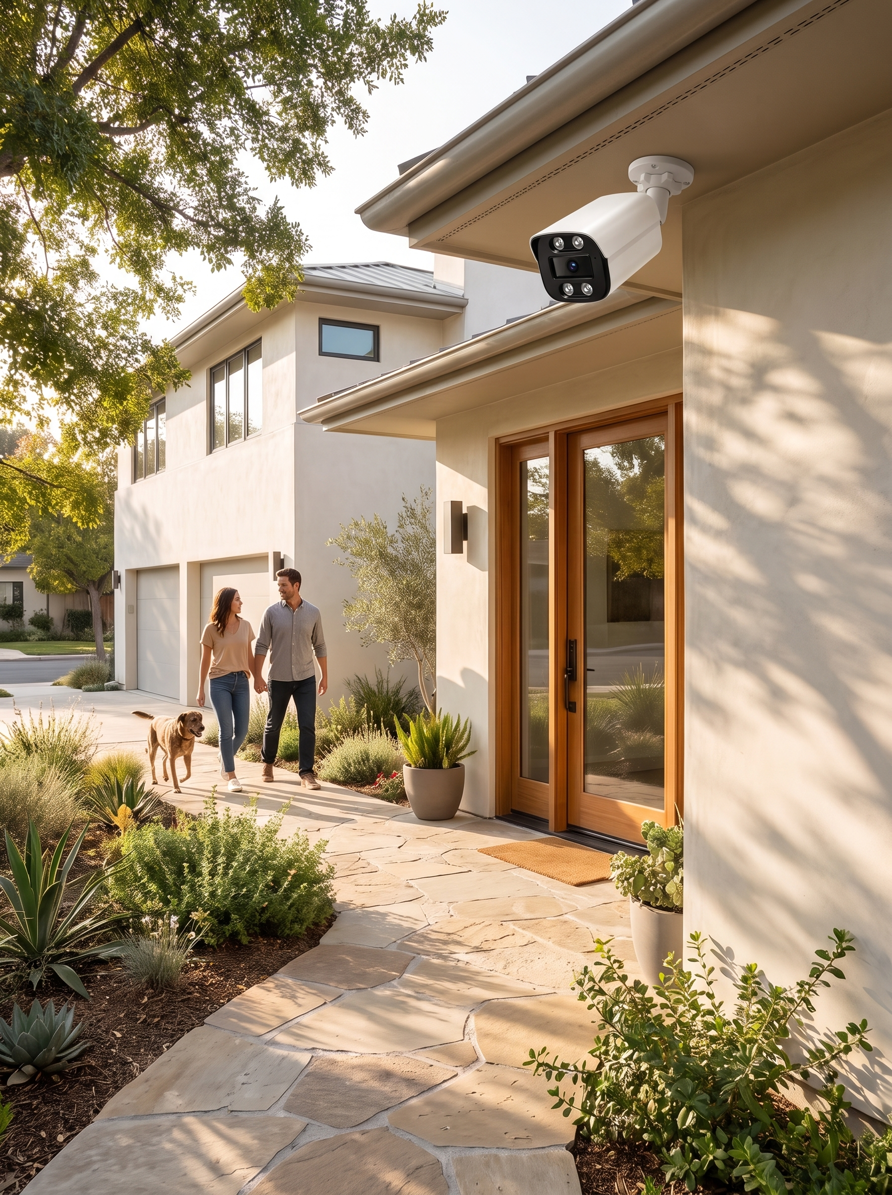 Modern home frontage and entrance path with the bullet camera under the eave