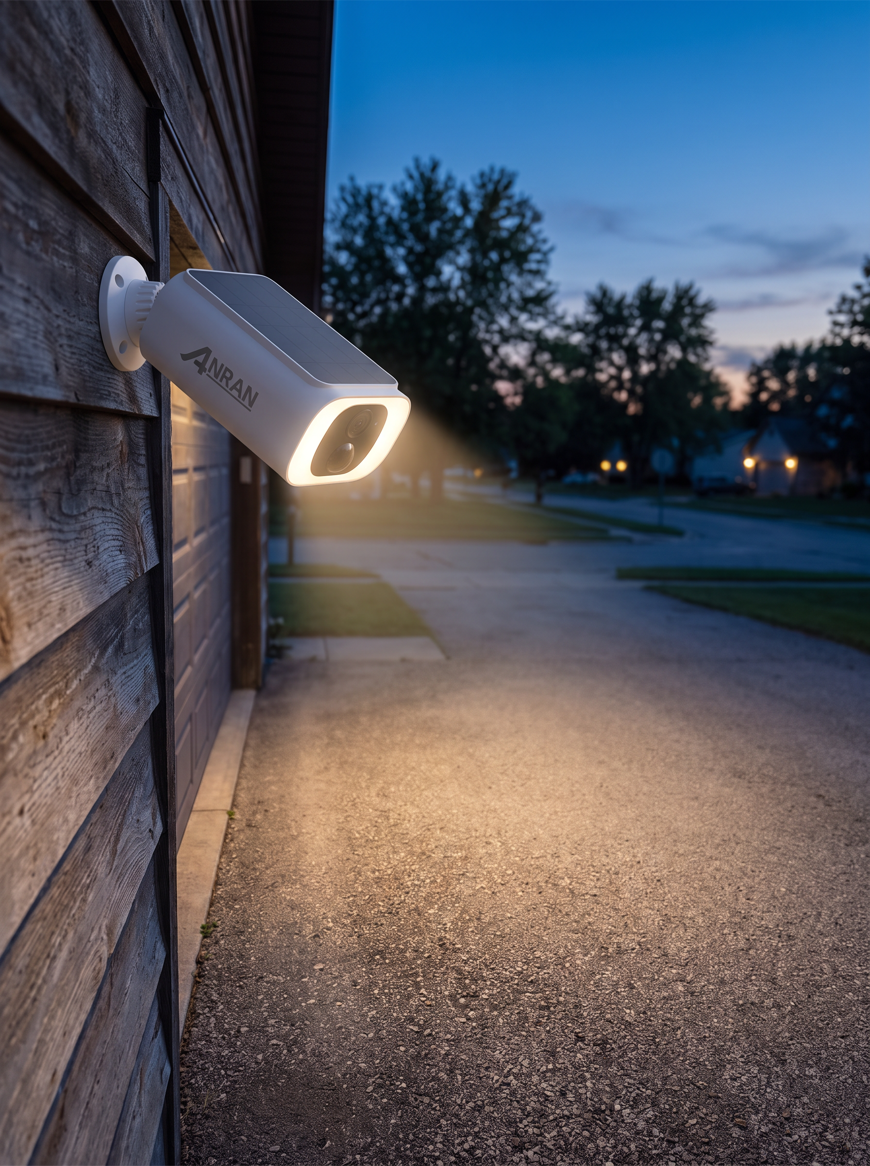 Solar floodlight camera on a garage wall at dusk lighting the driveway