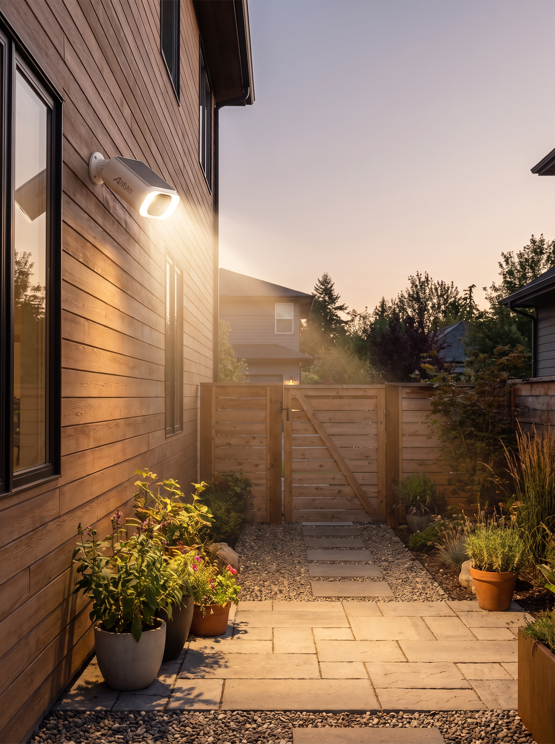 Side yard and gate at dusk lit by the solar floodlight camera above