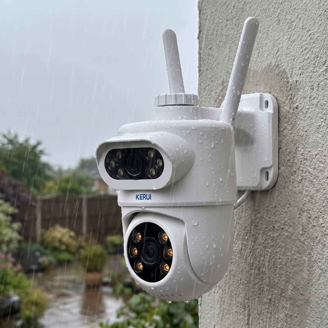 Camera on an exterior wall in the rain, water beading on the housing