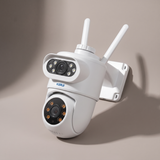 Studio view of the dual-lens PTZ camera and its wall bracket