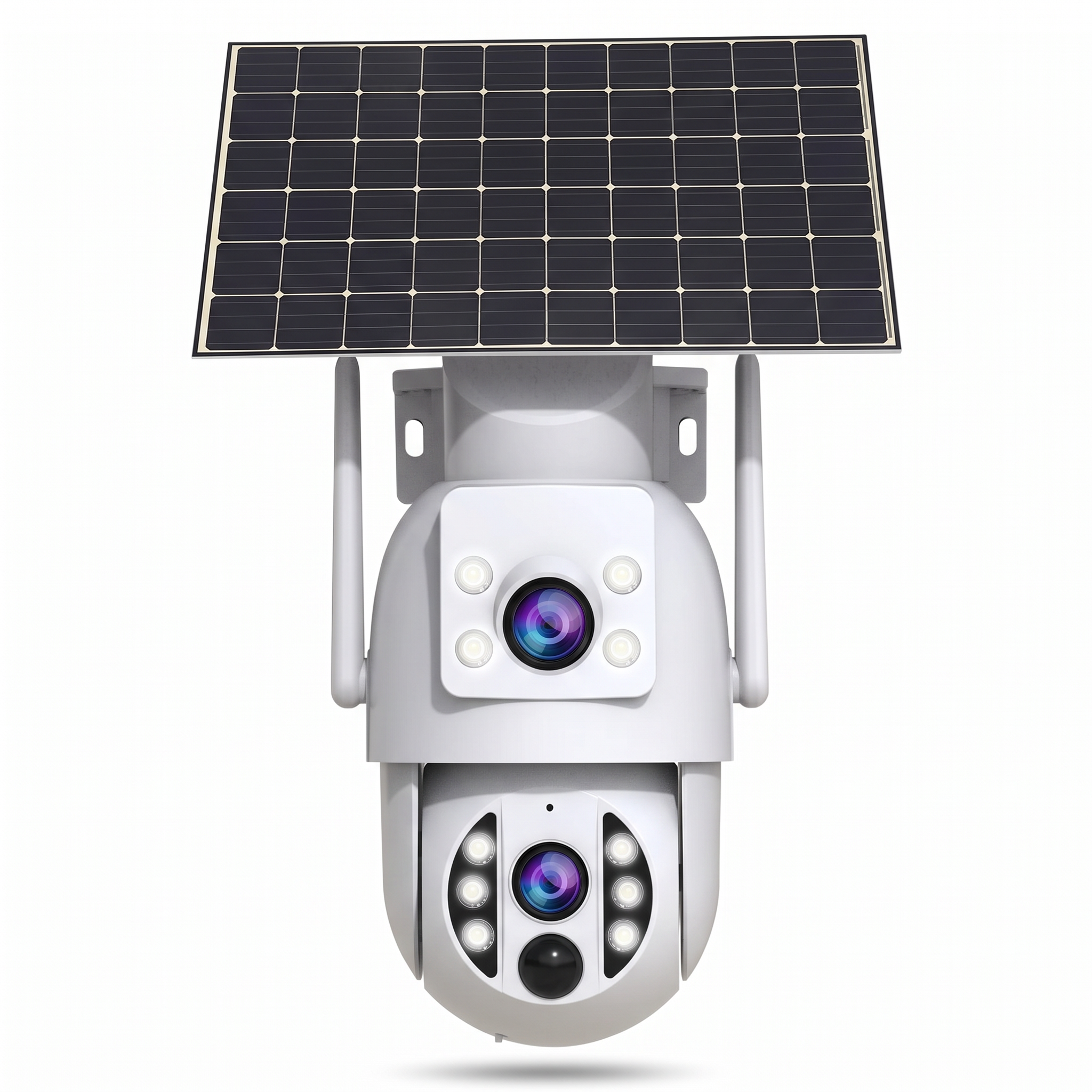 4K solar dual-lens battery camera on a plain white background