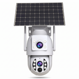 4K solar dual-lens battery camera on a plain white background