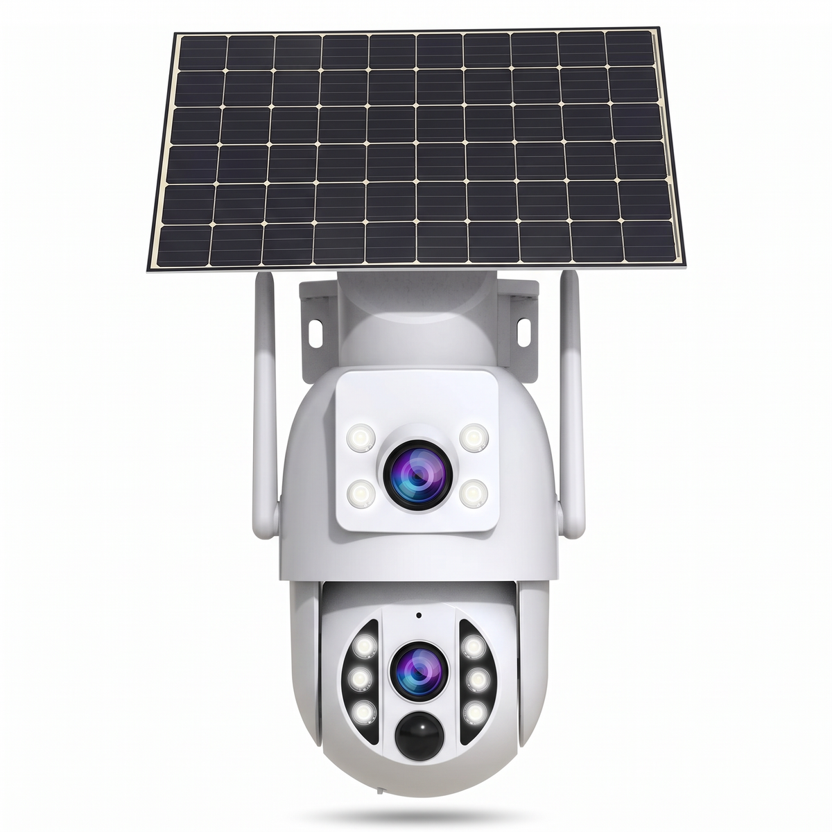 4K solar dual-lens battery camera on a plain white background