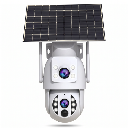 4K solar dual-lens battery camera on a plain white background