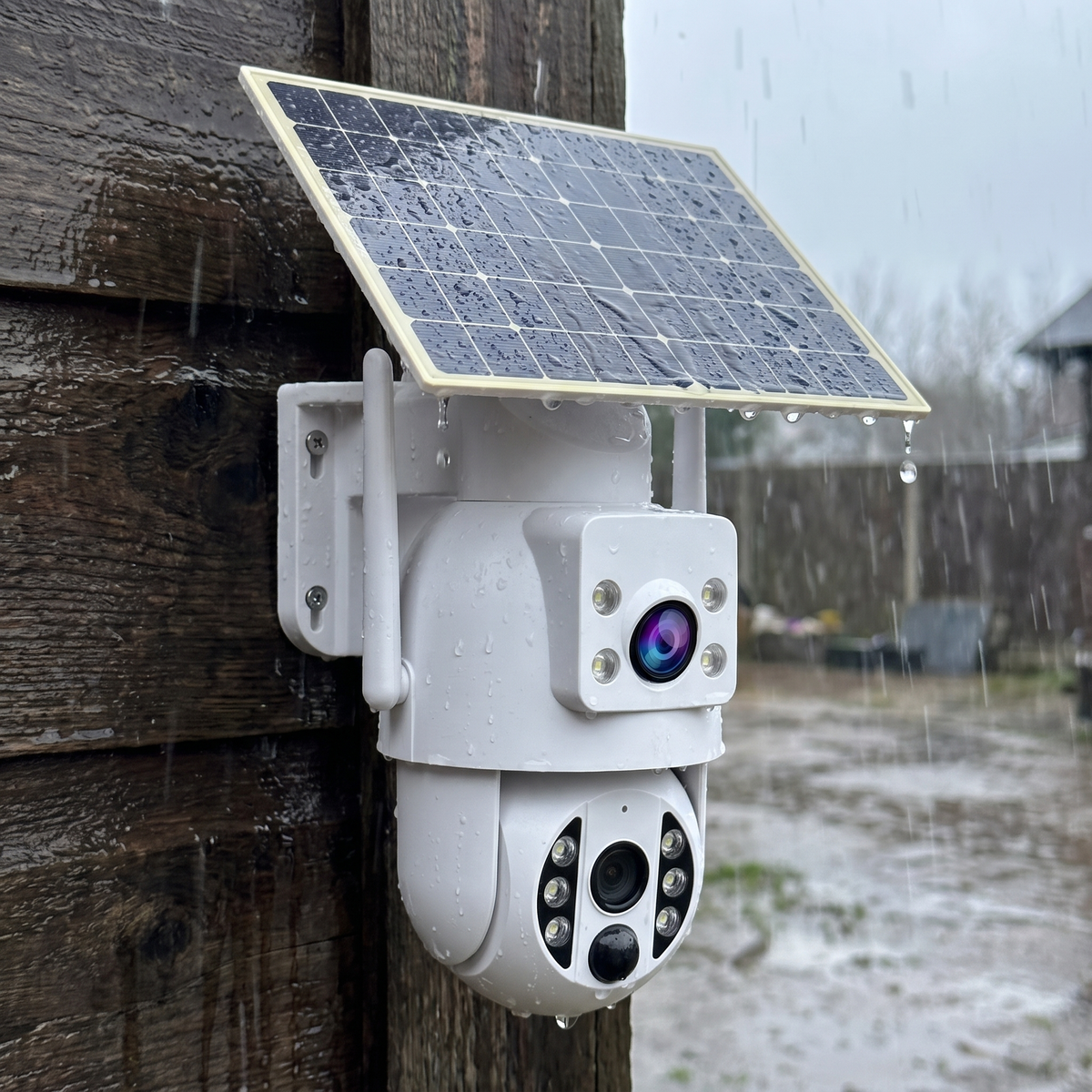 Rain running off the camera's solar panel and housing on a timber wall