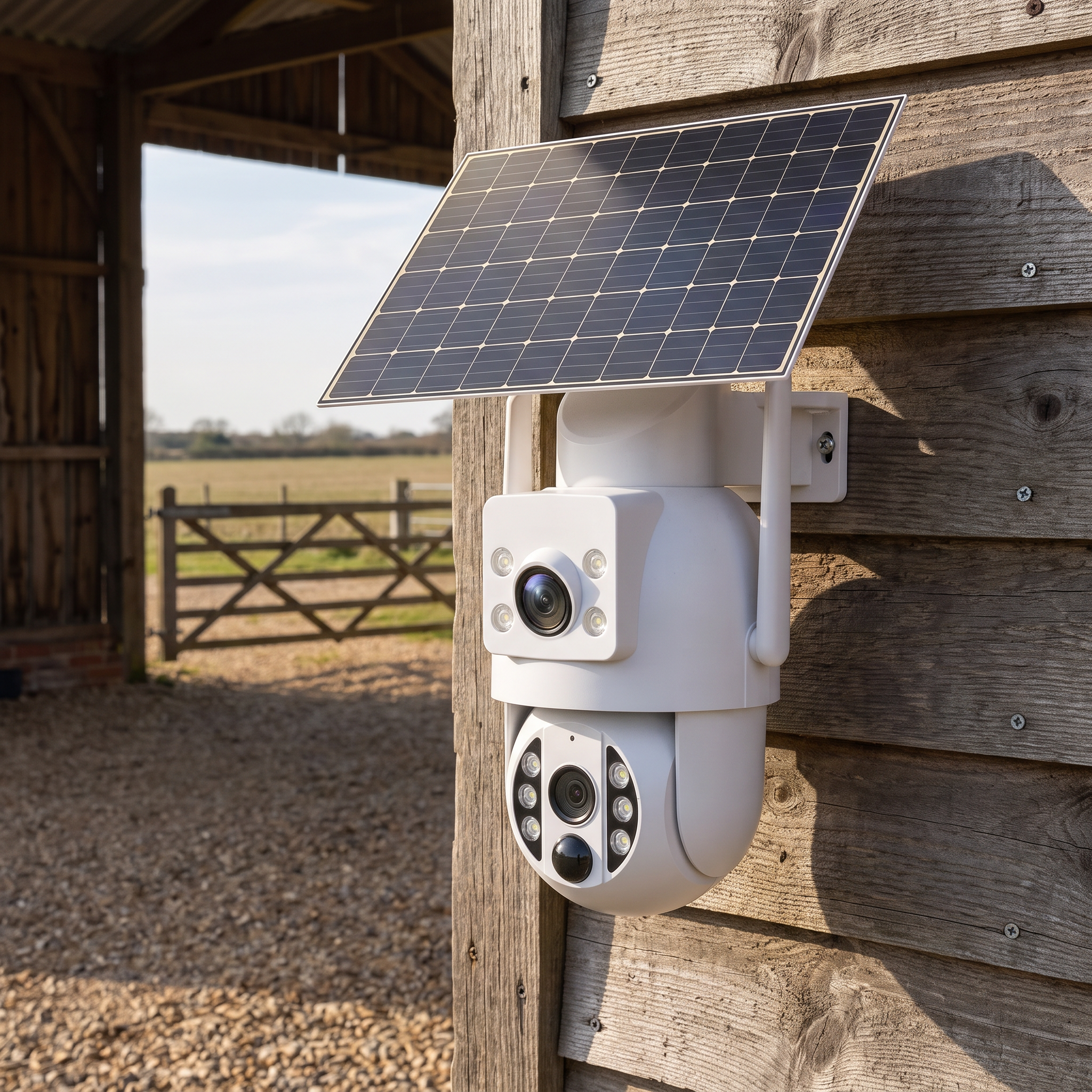 Both lenses of the camera visible in one housing, mounted on a barn wall above a gravel yard