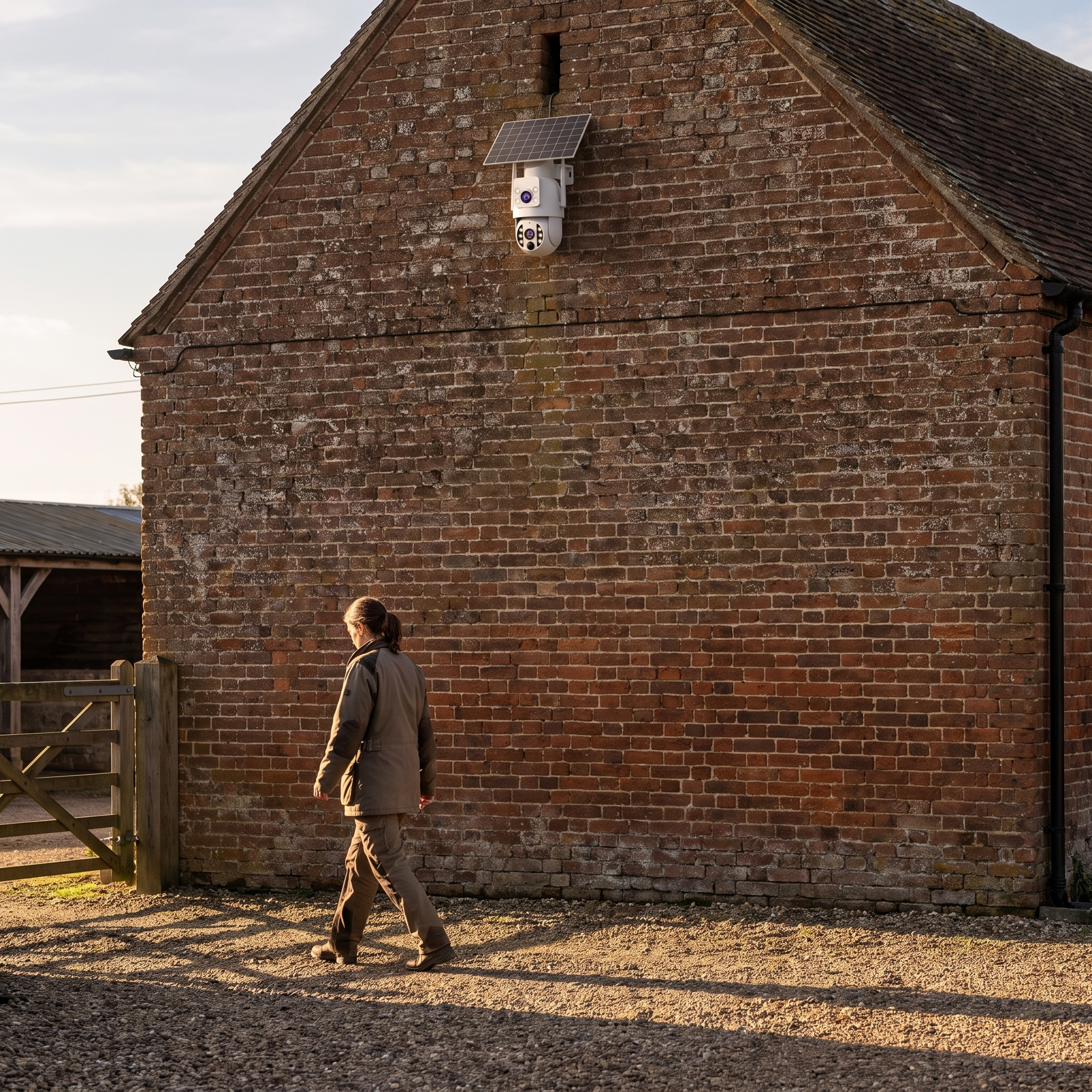 Camera high on a brick outbuilding, its lower ball tilted down toward a woman crossing the yard