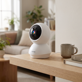 The camera on an oak shelf with its head turned away from its base