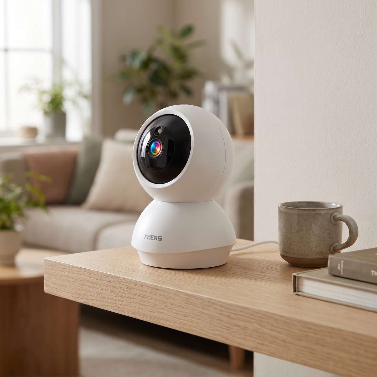 The camera on an oak shelf with its head turned away from its base