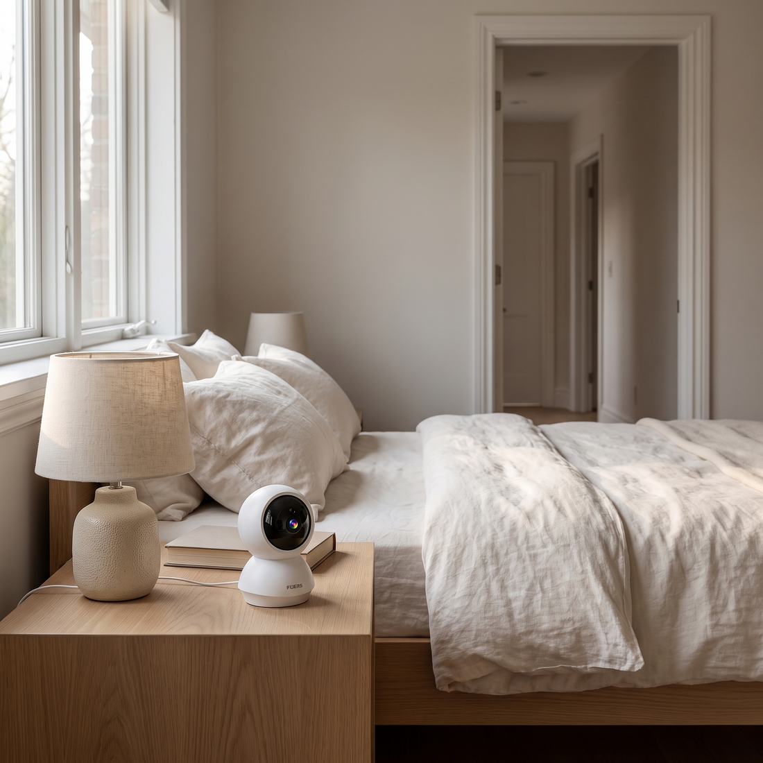 The camera on a bedroom nightstand looking out across the room
