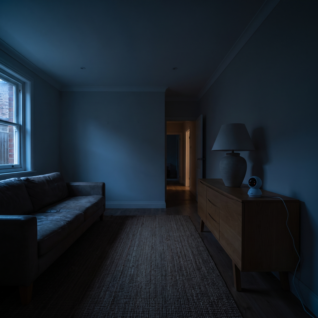 The camera on a sideboard in a dark living room at night, its infrared emitters faintly lit