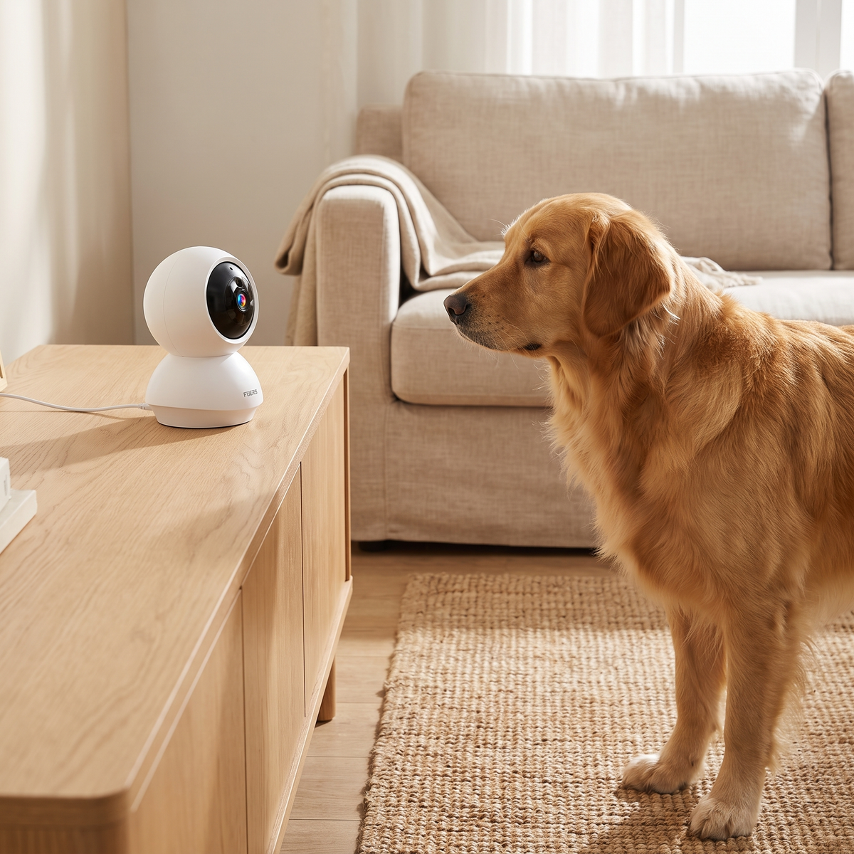 A dog looking into the camera lens from across a living room