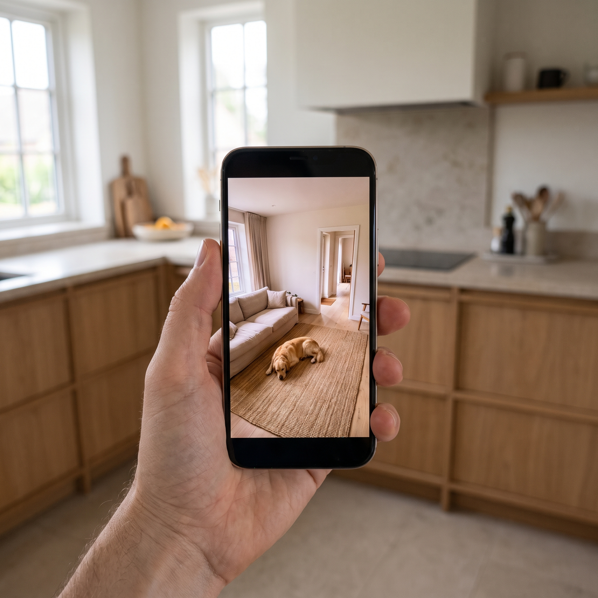 A phone held up in a kitchen showing the camera's live view of another room
