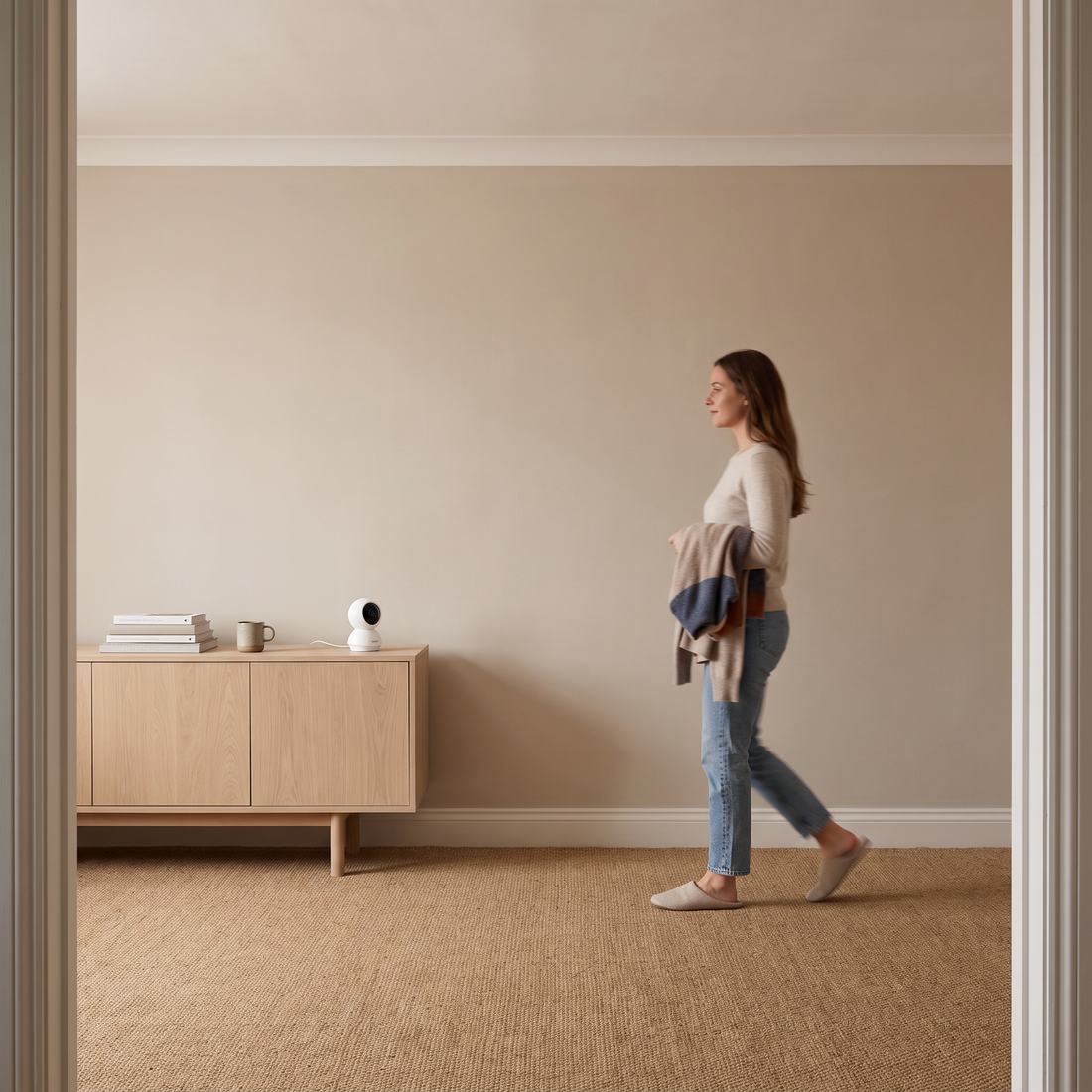 The camera turned to follow a woman walking across a living room