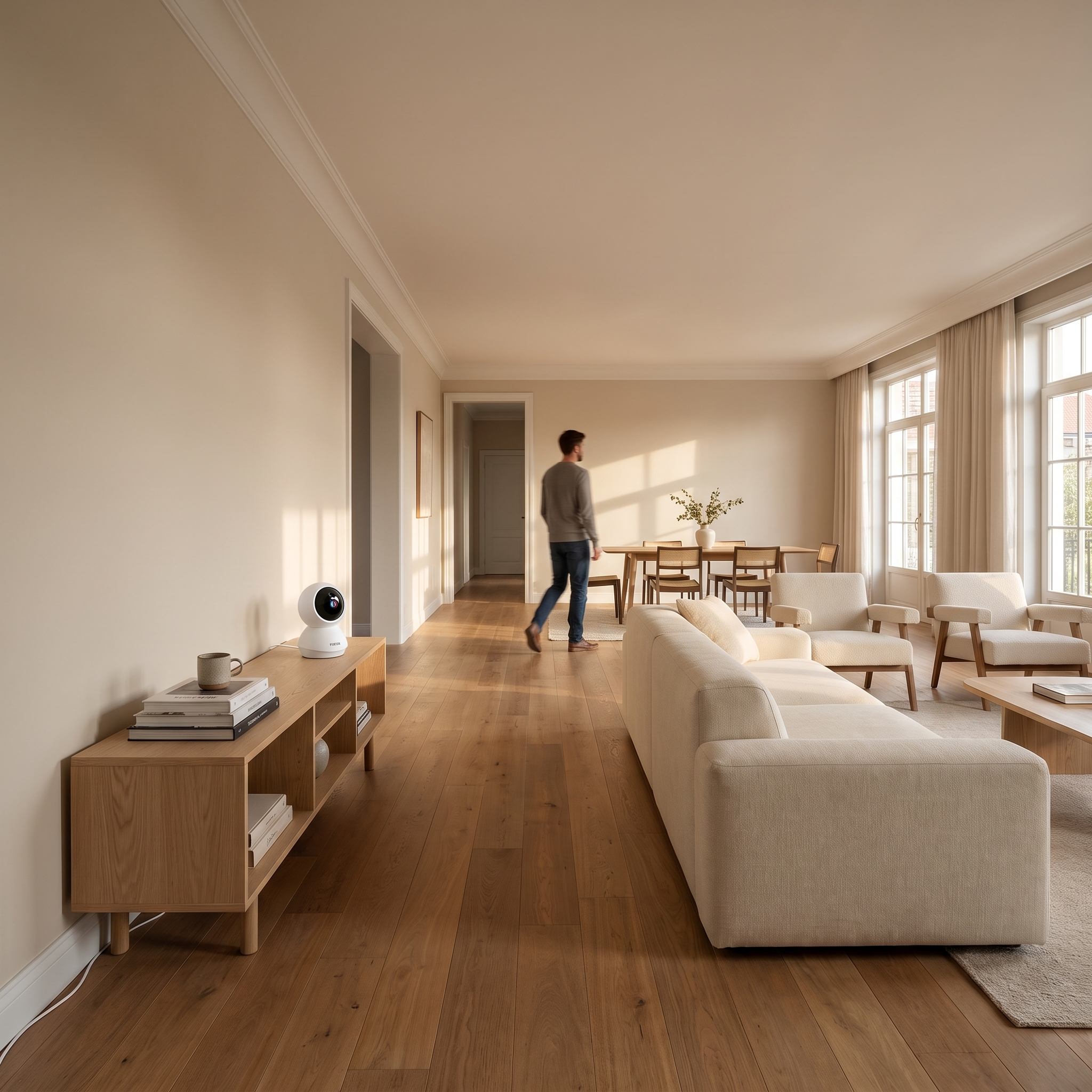 The camera on a console turned to look down the length of an open-plan room
