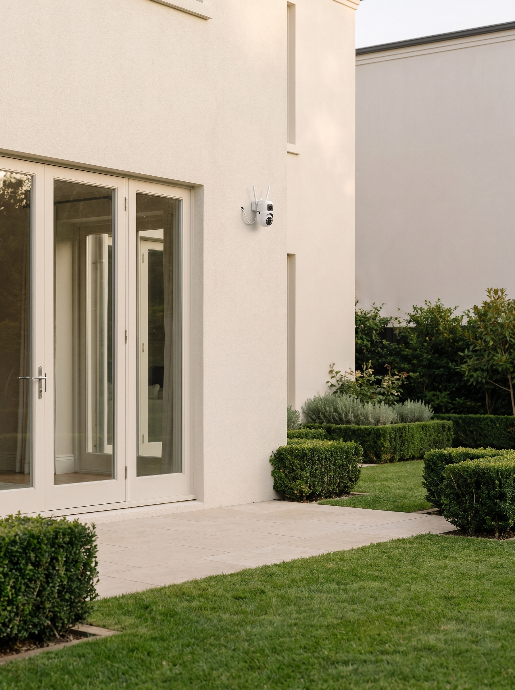 Rear elevation and terrace of a house with the camera fixed high on the wall