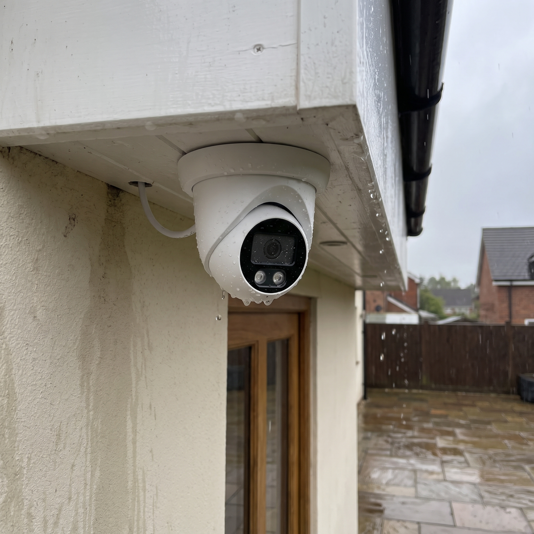 Rain beading on the dome camera under a wet soffit