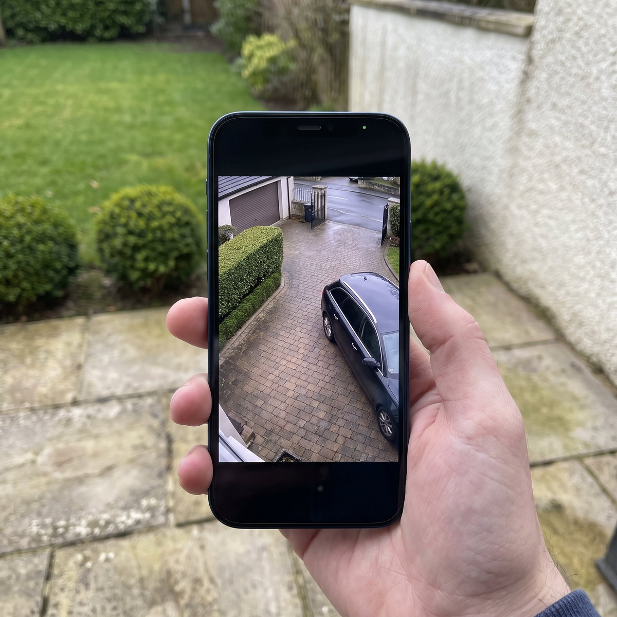 A phone held up on a terrace showing the camera's wide live view of the driveway