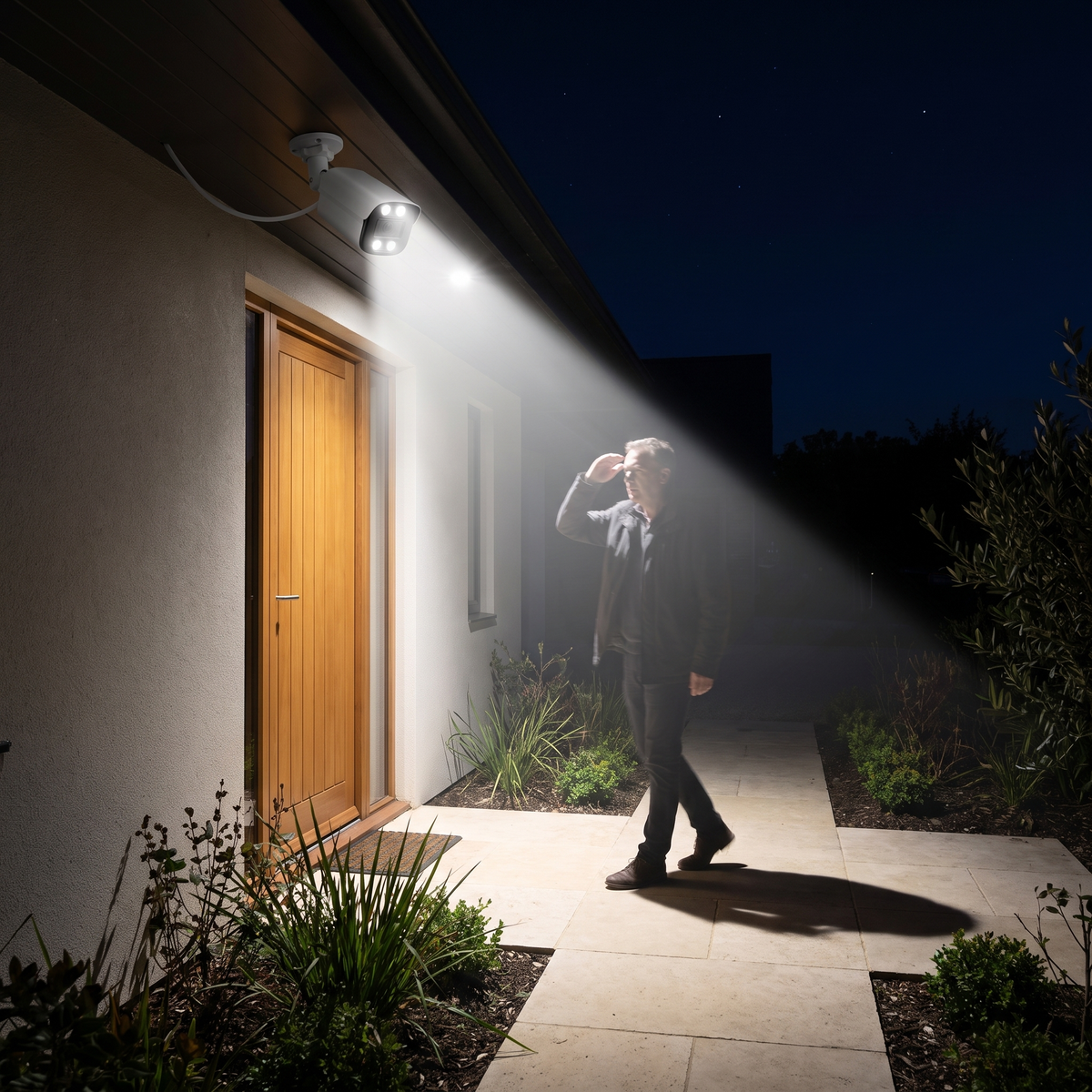 A visitor on an entrance path lit by the camera's white LEDs at night