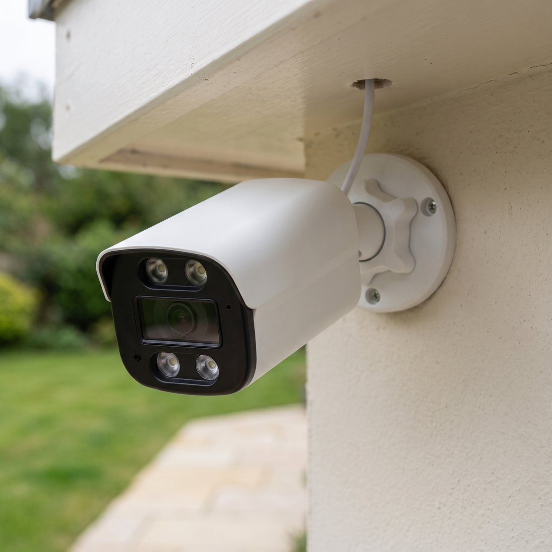 The 4K 8MP bullet camera fixed under a soffit above a garden path