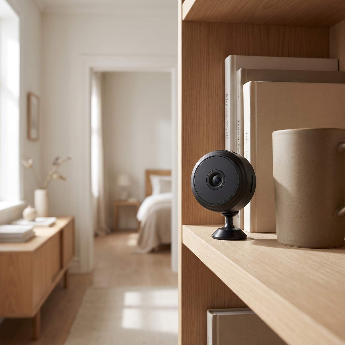 The camera on its bracket on an oak shelf, looking down a hallway
