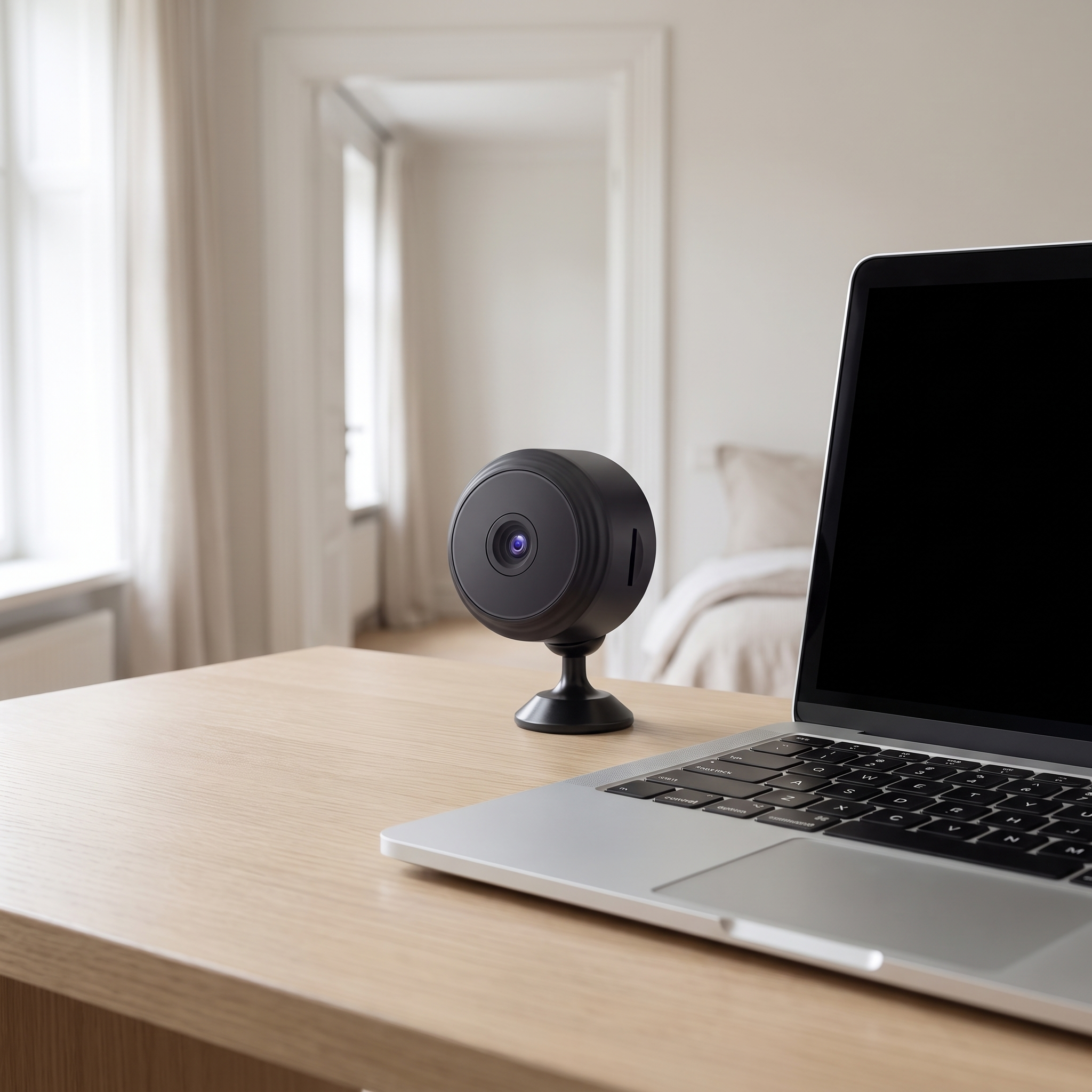 The camera on a desk beside an open laptop
