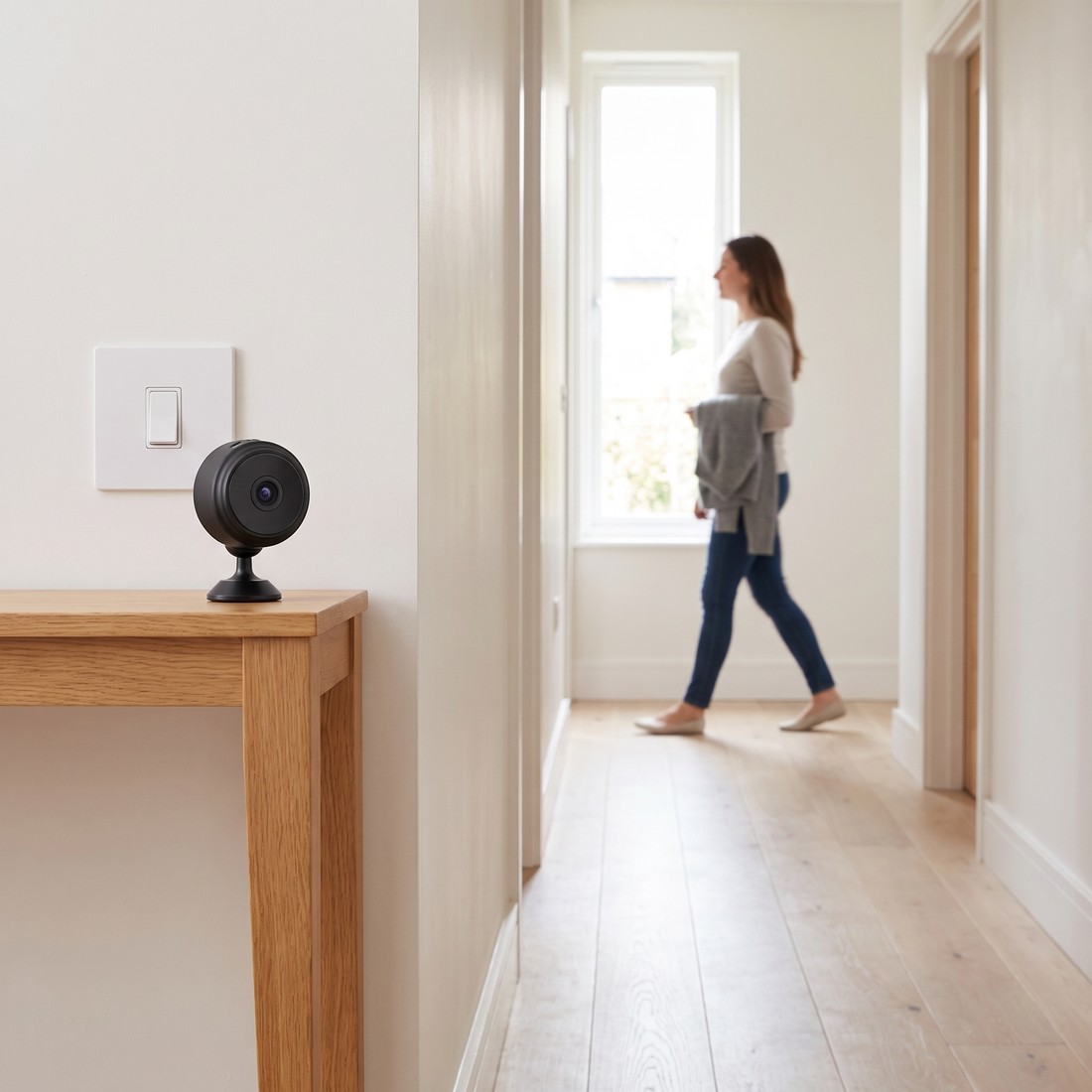 The camera on a console table covering a hallway as someone walks through