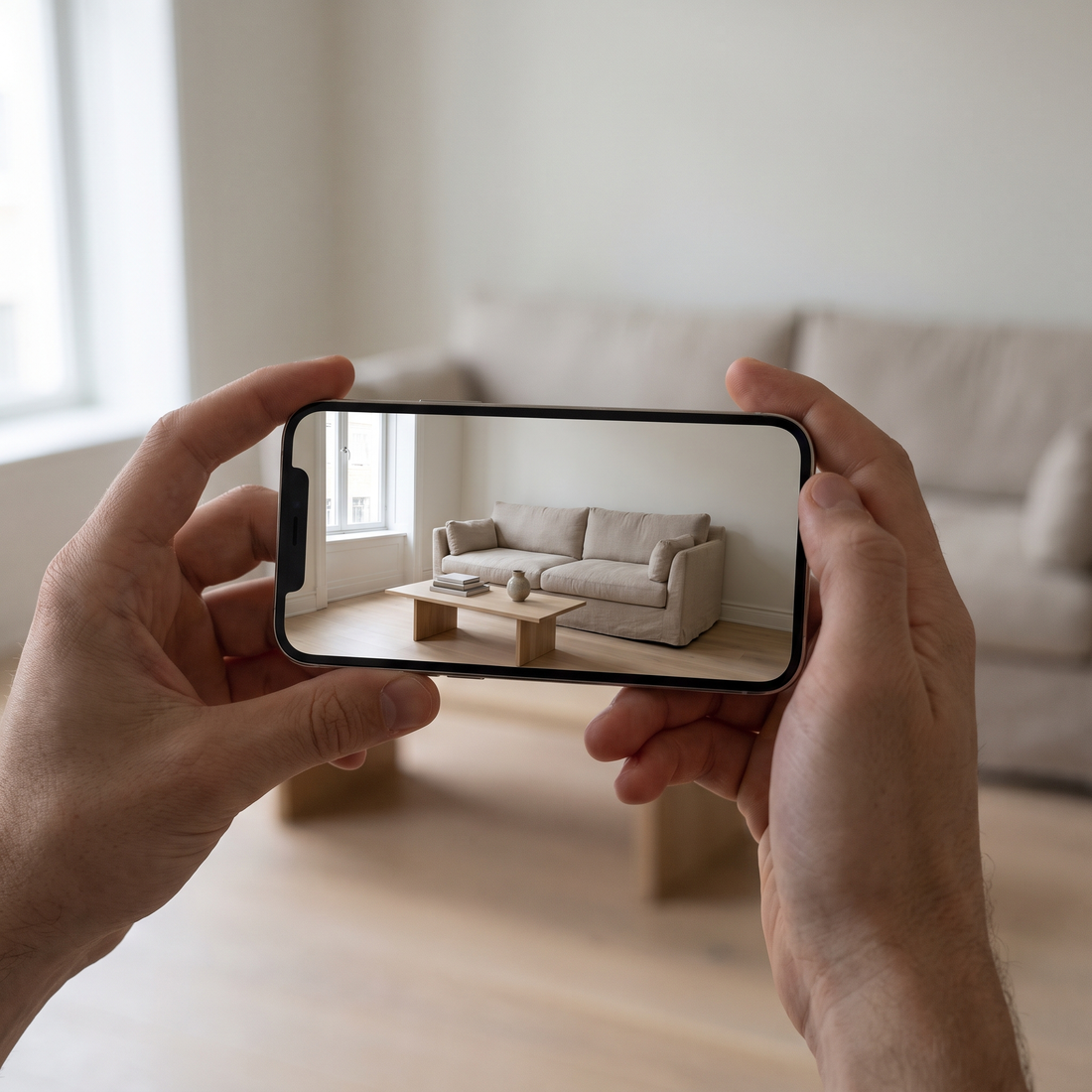 A phone held up showing the camera's live view of the room