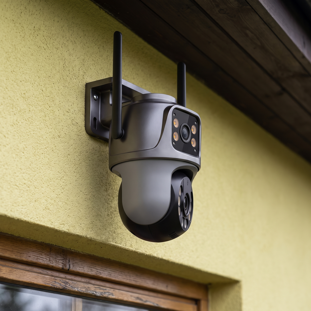 The camera with its lower pan-tilt head turned away from the fixed upper lens