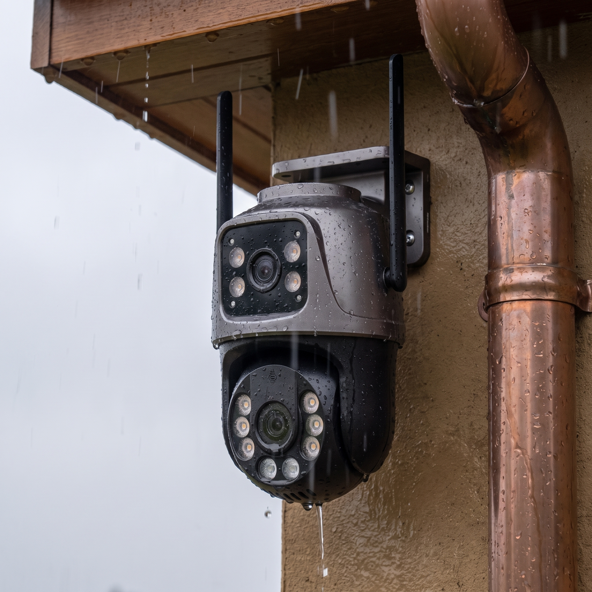 Rain beading on the camera's housing under a timber soffit