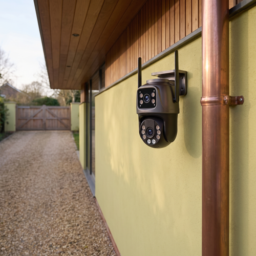 The dual-lens PTZ camera fixed under a timber soffit above a gravel drive