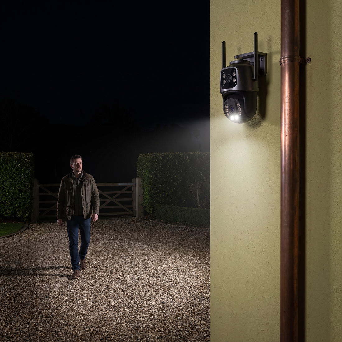 A man on a gravel drive at night lit in full colour by the camera's own light