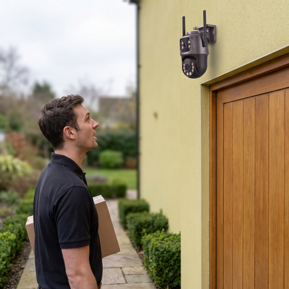 A delivery driver at the front door speaking up to the camera above him