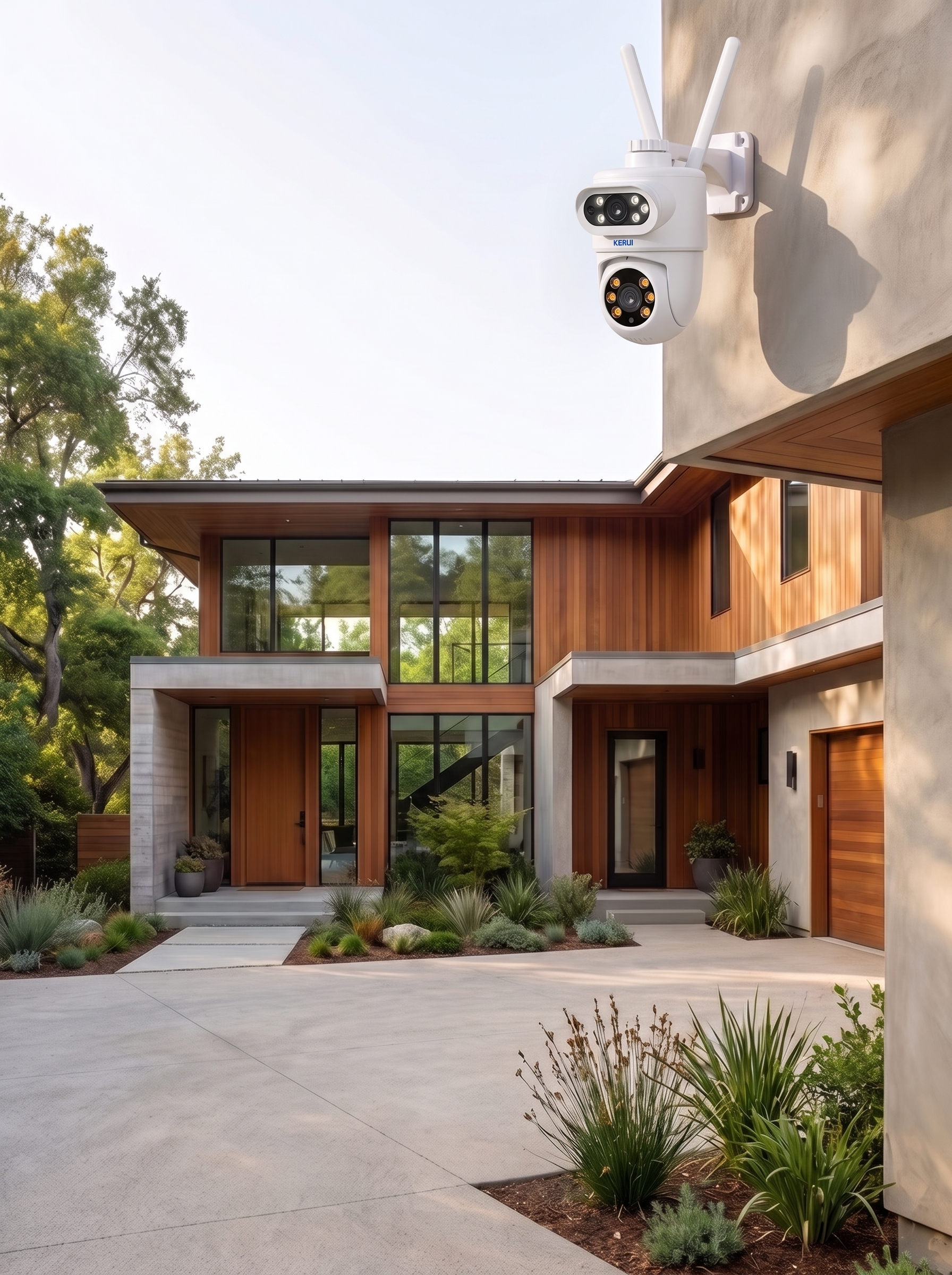 Camera mounted high on a modern house frontage