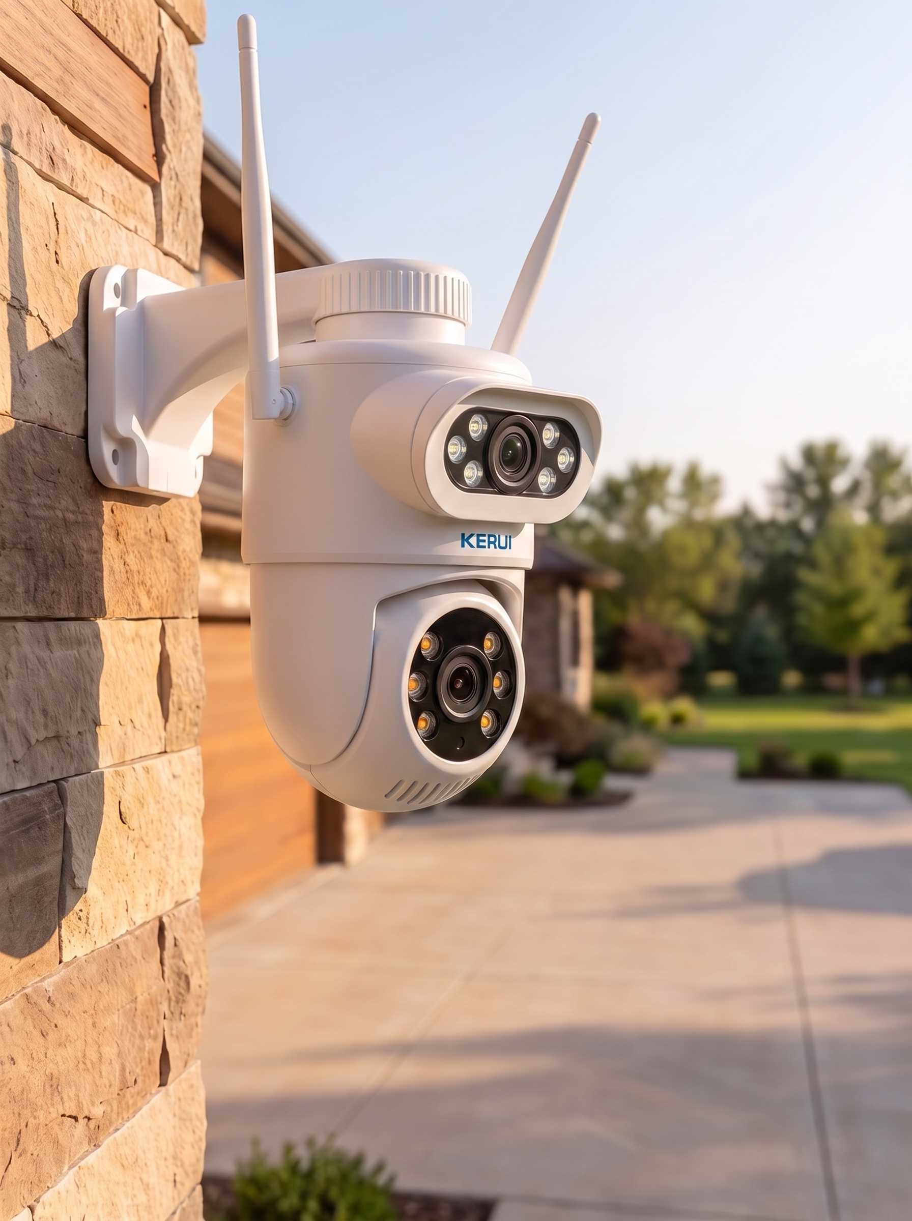 Camera on the stone corner of a house looking out over the driveway